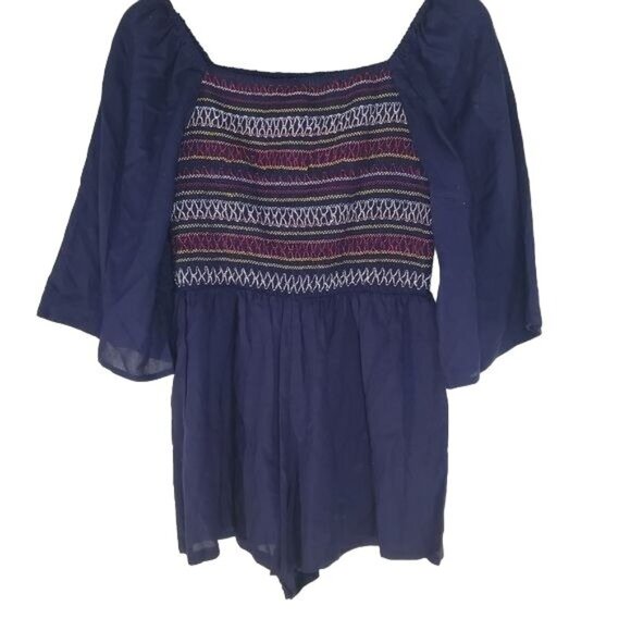 ANGIE Womens Romper Medium Off The Shoulder Bell Smocked Navy‎ Red Ethnic Tribal - Picture 1 of 6